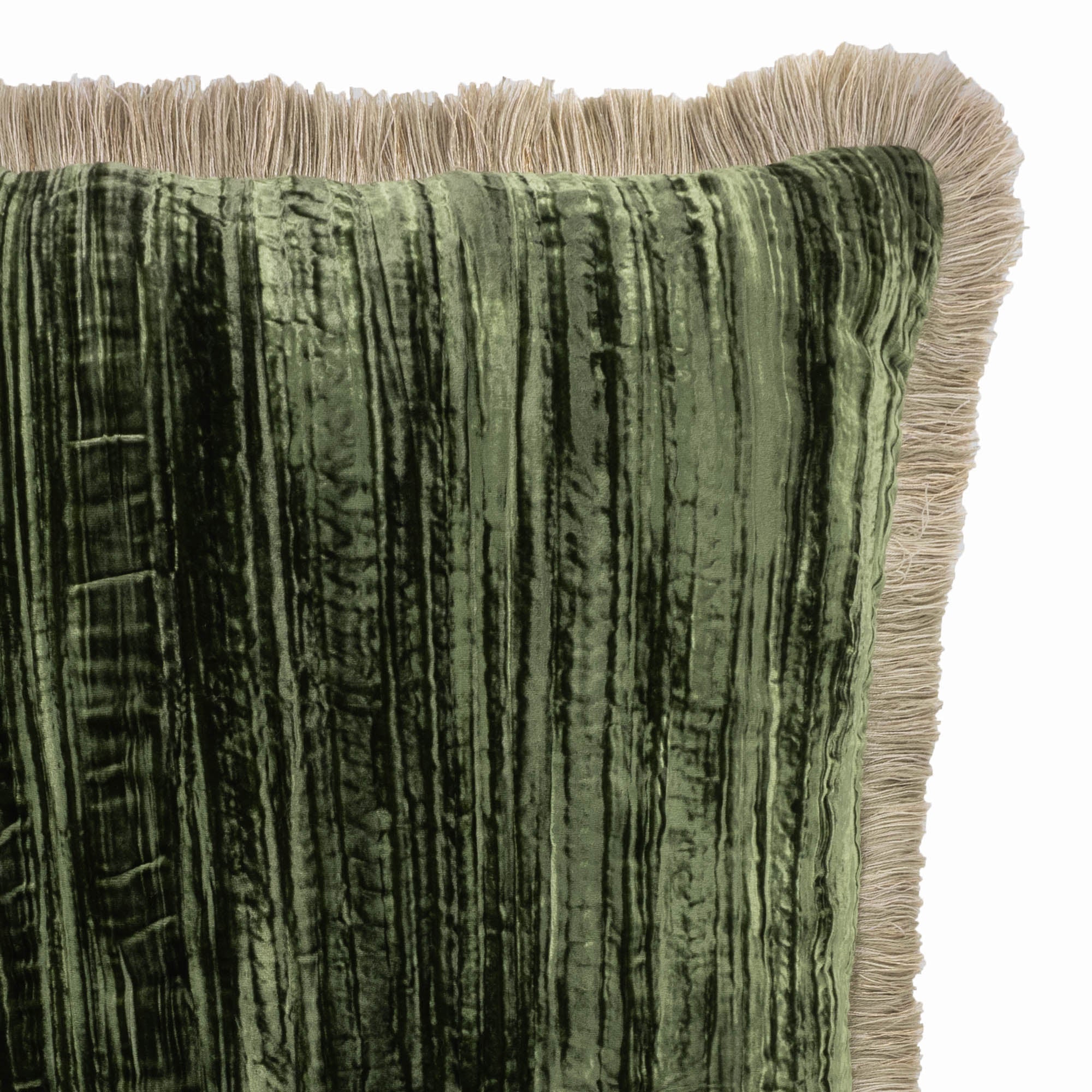 Green Silk Velvet Throw Pillow, Beige Fringes 20