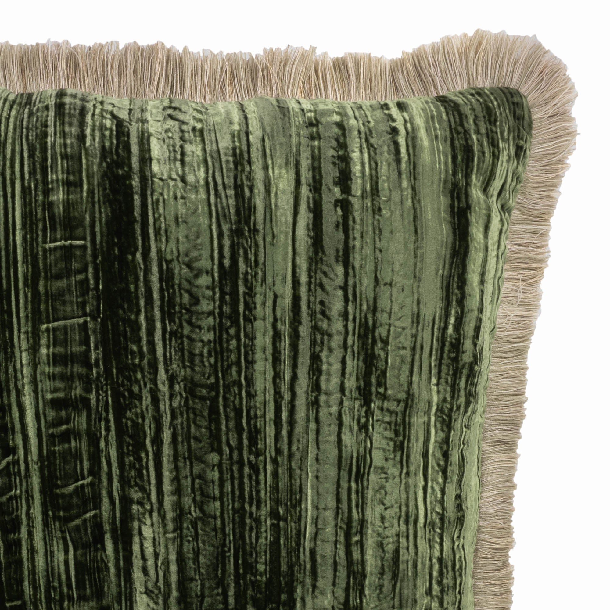 Green Silk Velvet Throw Pillow, Beige Fringes 20