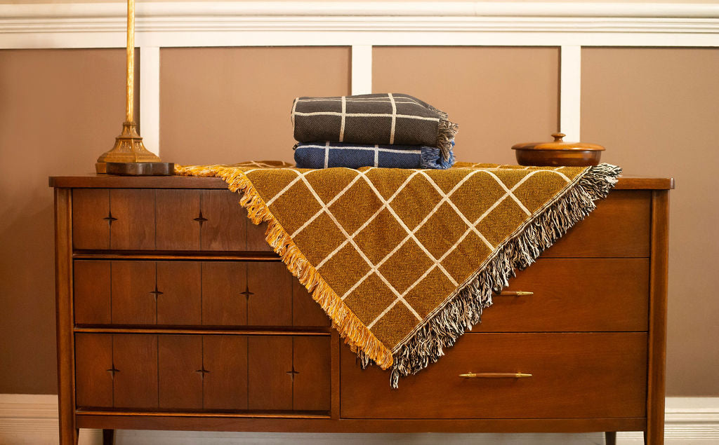 Golden Brown Grid Jacquard Woven Throw Blanket, Reversible Cotton Throw, Made in USA | Greer Acorn