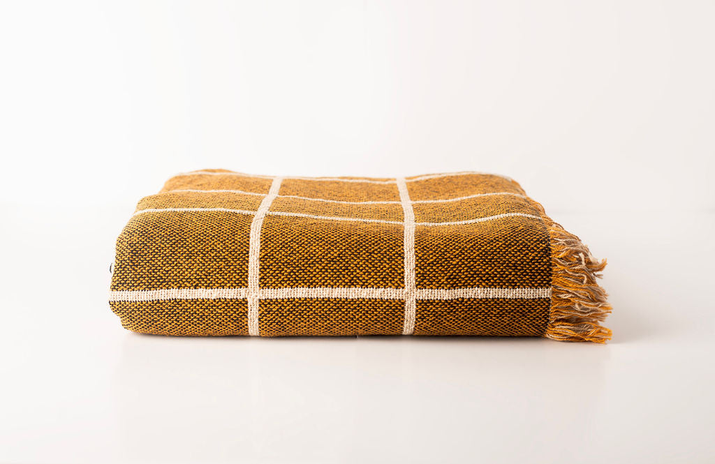 Golden Brown Grid Jacquard Woven Throw Blanket, Reversible Cotton Throw, Made in USA | Greer Acorn