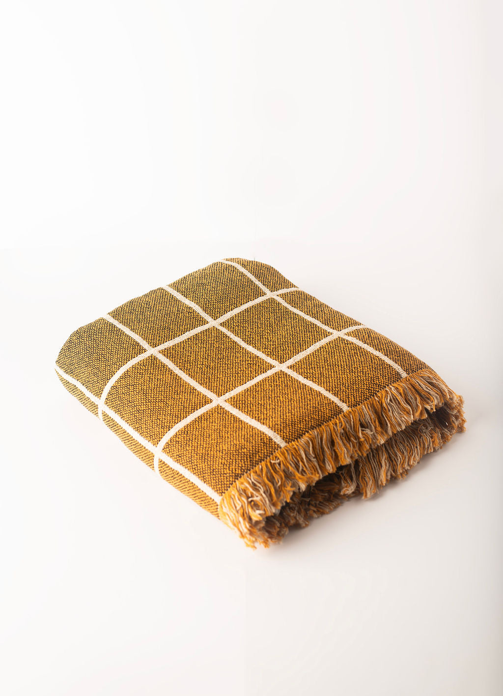 Golden Brown Grid Jacquard Woven Throw Blanket, Reversible Cotton Throw, Made in USA | Greer Acorn