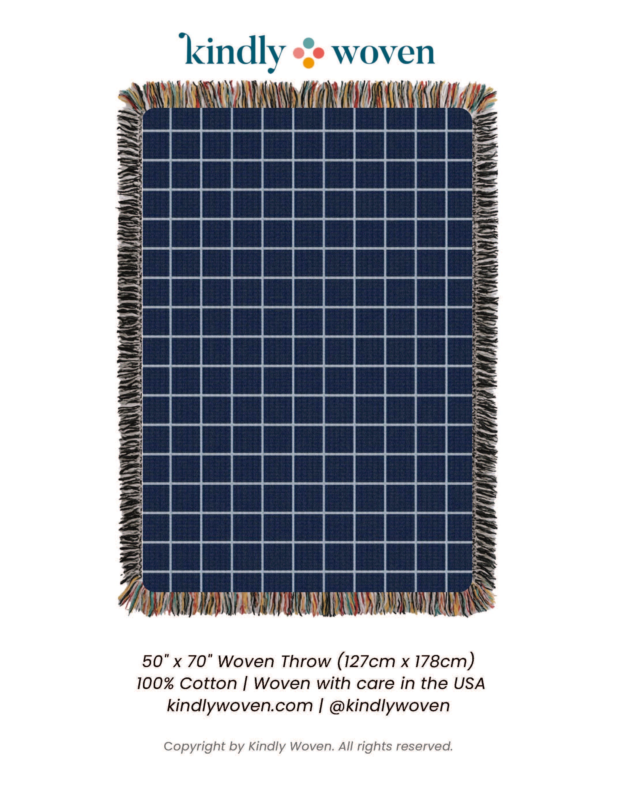 Blue Grid Jacquard Woven Throw Blanket, Reversible Cotton Throw, Made in USA | Greer Lapis