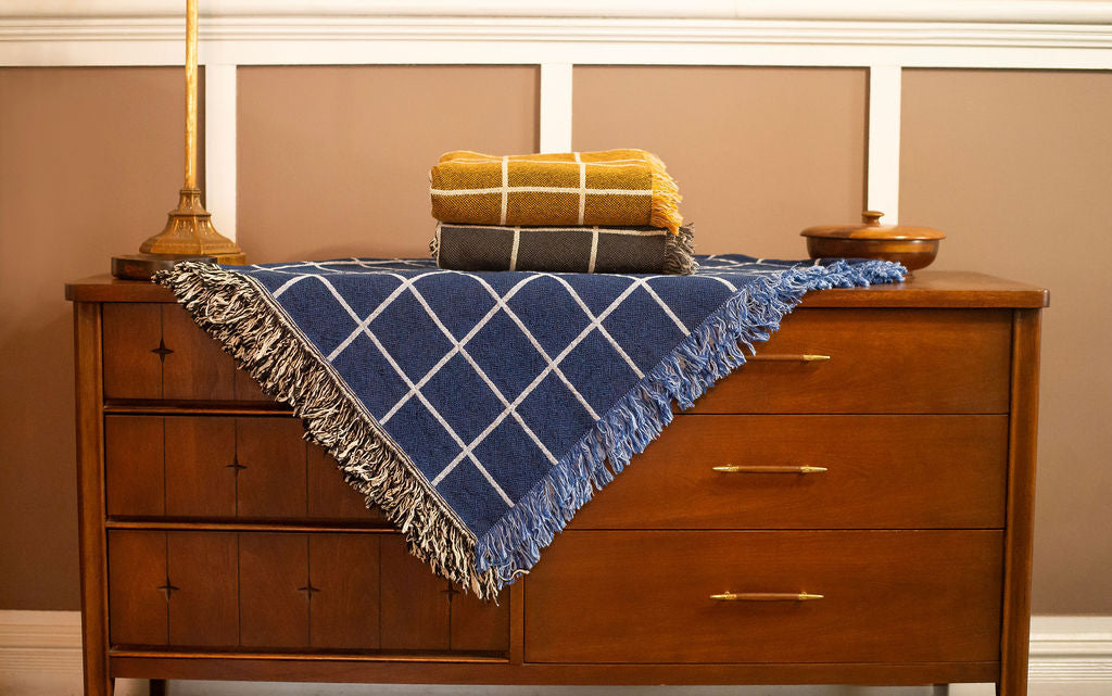 Blue Grid Jacquard Woven Throw Blanket, Reversible Cotton Throw, Made in USA | Greer Lapis