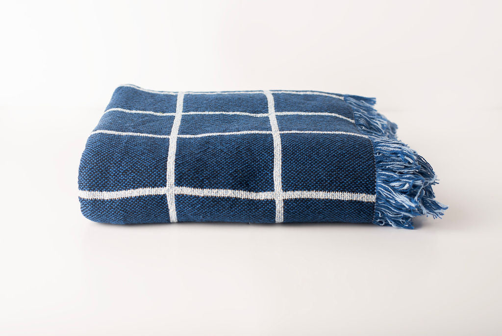 Blue Grid Jacquard Woven Throw Blanket, Reversible Cotton Throw, Made in USA | Greer Lapis