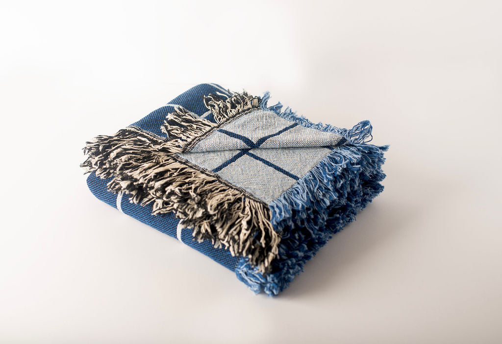Blue Grid Jacquard Woven Throw Blanket, Reversible Cotton Throw, Made in USA | Greer Lapis