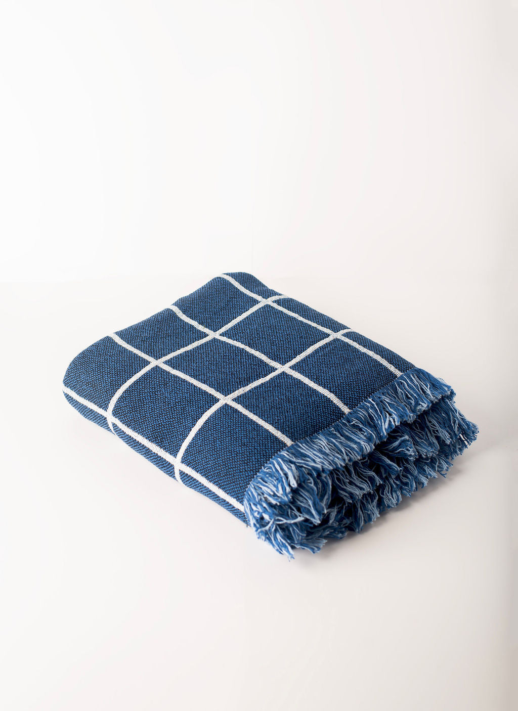 Blue Grid Jacquard Woven Throw Blanket, Reversible Cotton Throw, Made in USA | Greer Lapis