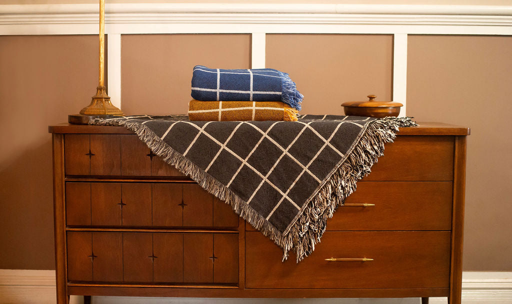 Charcoal Grid Jacquard Woven Throw Blanket, Reversible Cotton Throw, Made in USA | Greer Nocturne