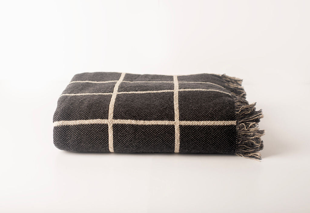 Charcoal Grid Jacquard Woven Throw Blanket, Reversible Cotton Throw, Made in USA | Greer Nocturne