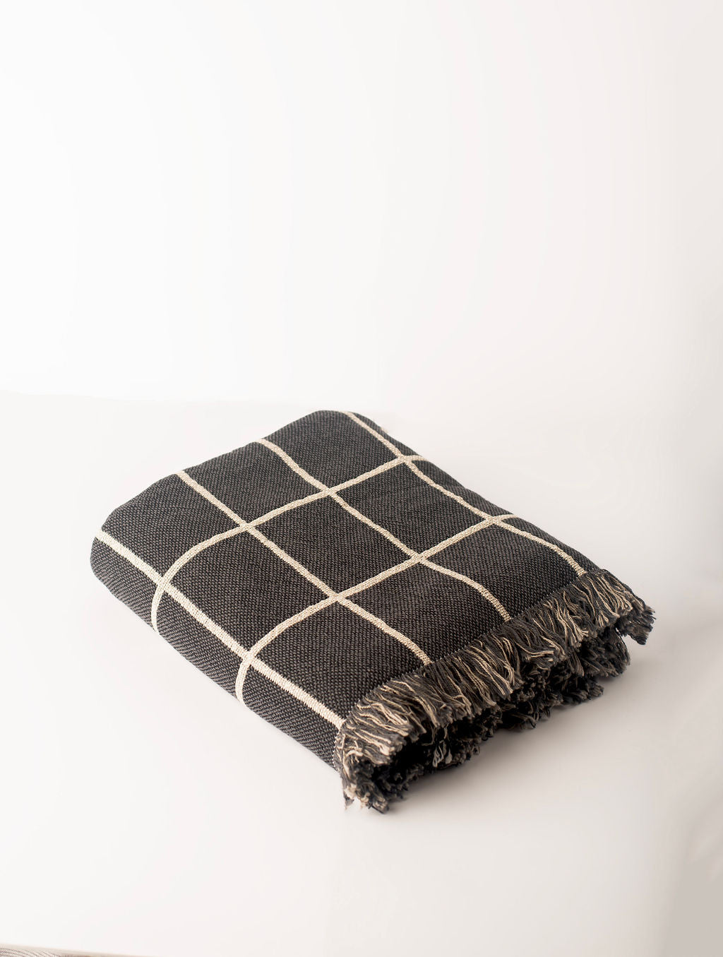 Charcoal Grid Jacquard Woven Throw Blanket, Reversible Cotton Throw, Made in USA | Greer Nocturne