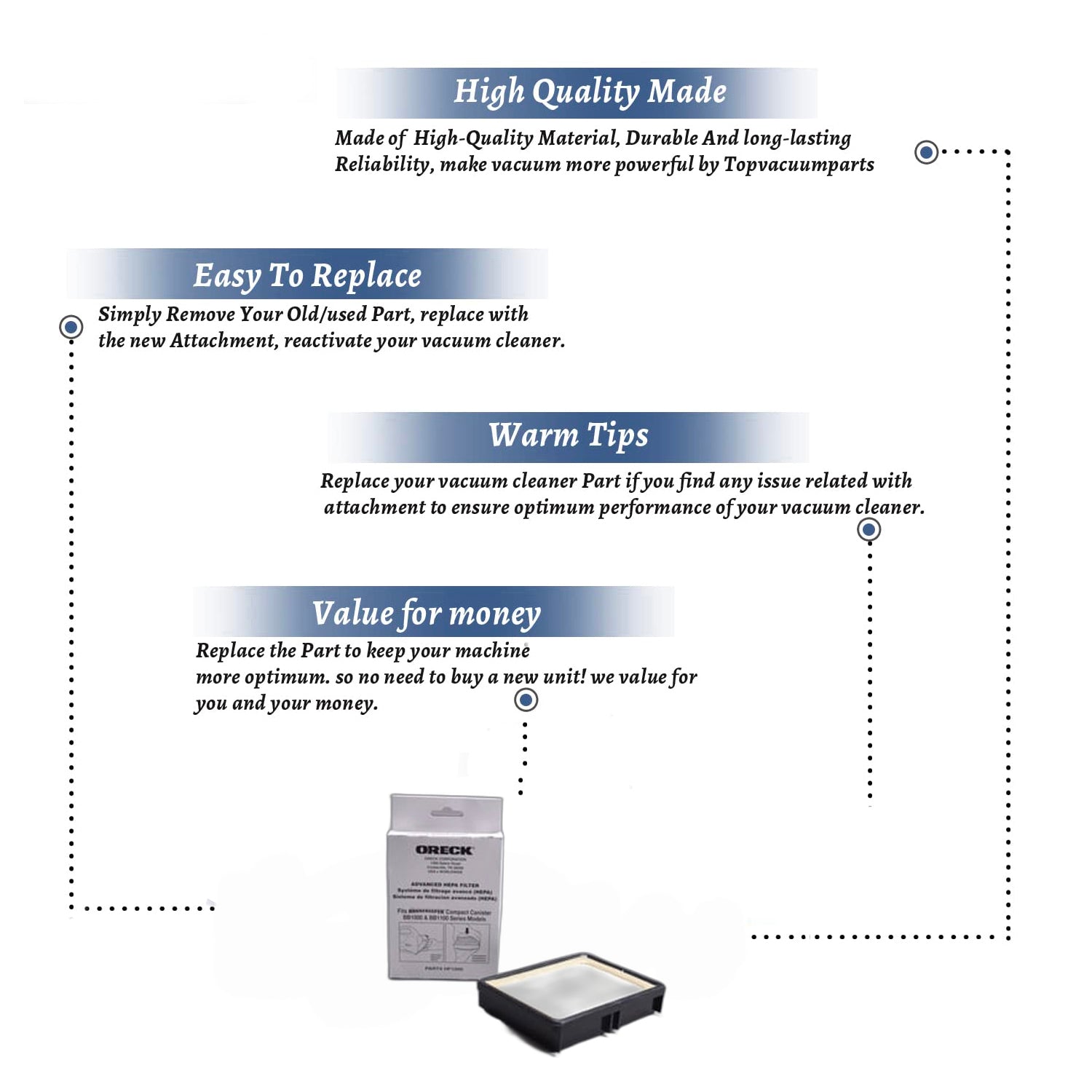 Topvacuumparts Replacement Part For Oreck Buster B 1000 CC1600 Vacuum Cleaner Hepa Filter # compare to part HF-1000