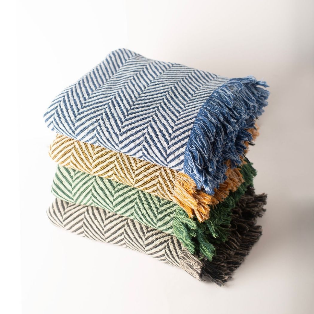 Green Herringbone Jacquard Woven Throw Blanket, Reversible Cotton Throw, Made in USA | Henry Verbena