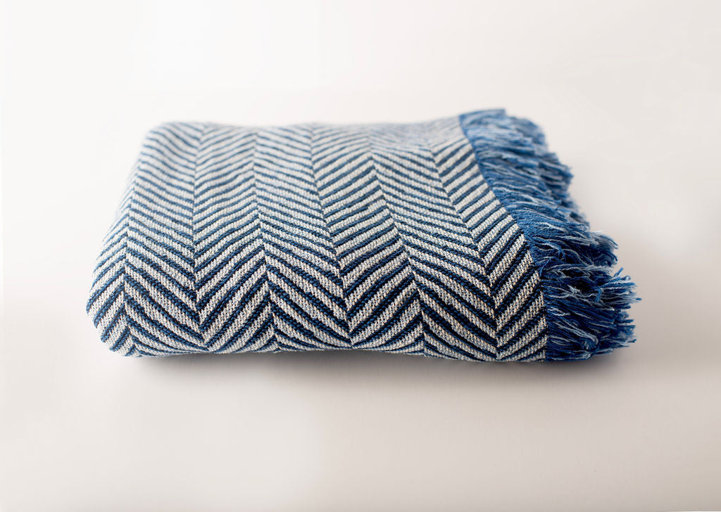 Blue Herringbone Jacquard Woven Throw Blanket, Reversible Cotton Throw, Made in USA | Henry Chambray