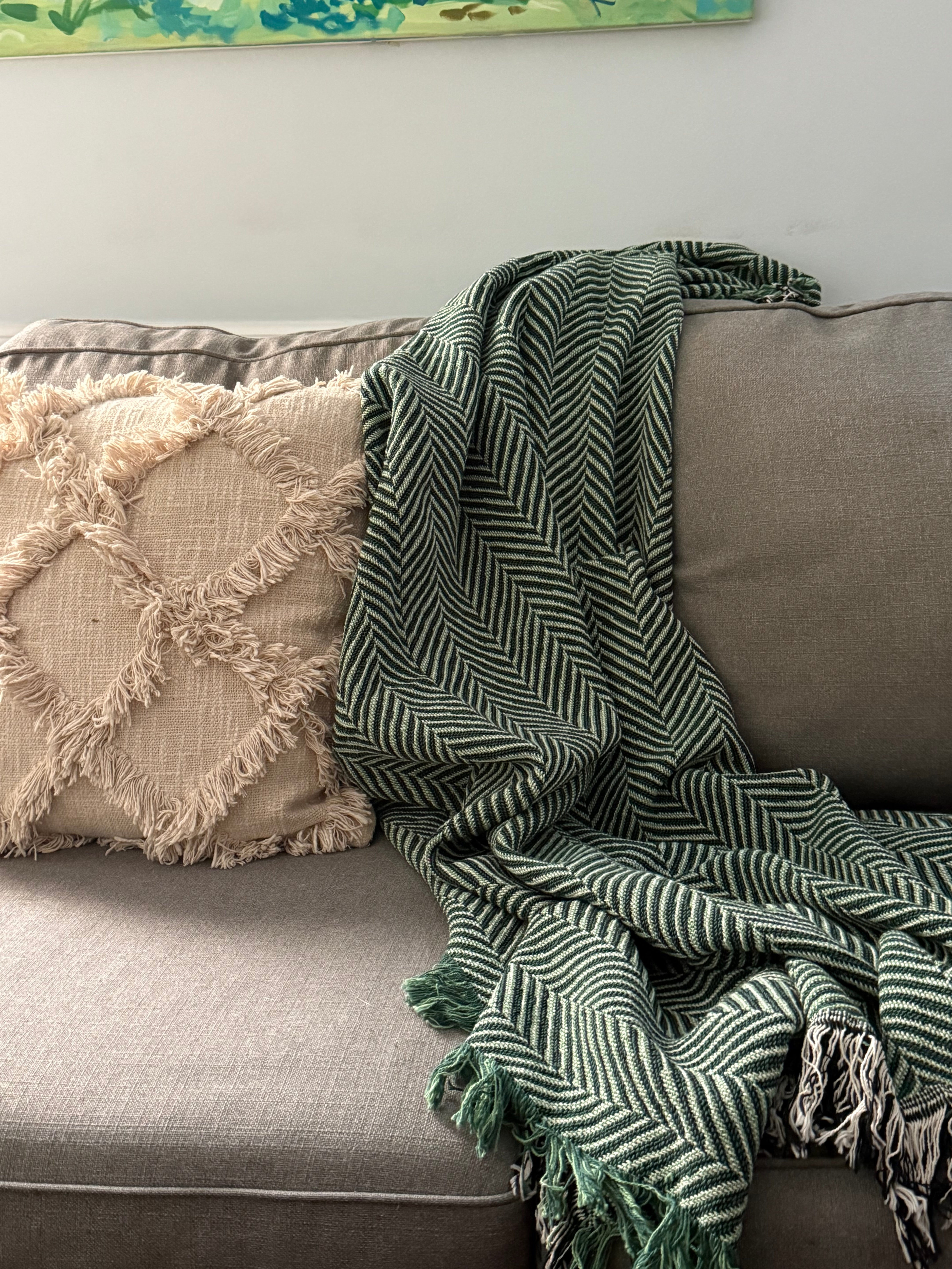 Green Herringbone Jacquard Woven Throw Blanket, Reversible Cotton Throw, Made in USA | Henry Verbena