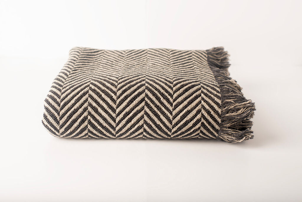 Neutral Herringbone Jacquard Woven Throw Blanket, Reversible Cotton Throw, Made in USA | Henry Stone