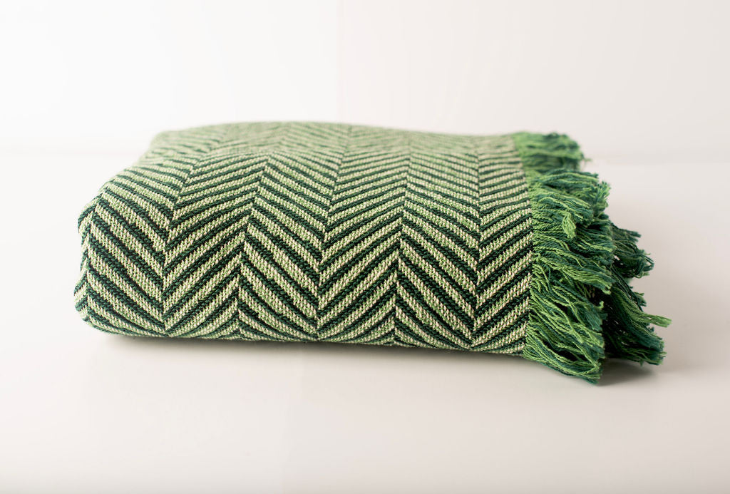 Green Herringbone Jacquard Woven Throw Blanket, Reversible Cotton Throw, Made in USA | Henry Verbena