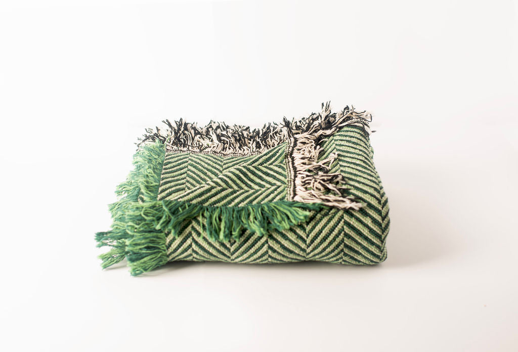 Green Herringbone Jacquard Woven Throw Blanket, Reversible Cotton Throw, Made in USA | Henry Verbena