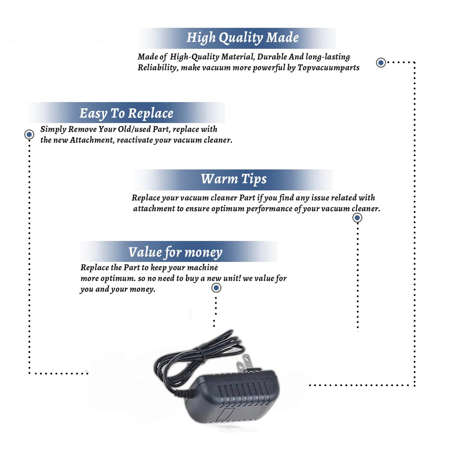 Topvacuumparts Replacement Part For Vacuum Cleaner Charger Adapter for Transformer Power Supply Cord Cable #compare to parts KA12D090020023U