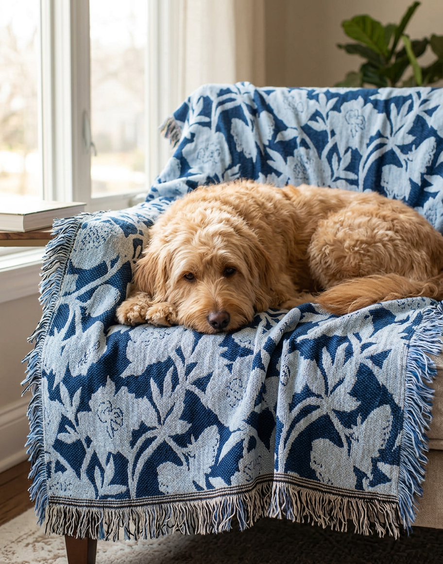 Blue Floral Jacquard Woven Throw Blanket, Reversible Cotton Throw, Made in USA | Addy Delft