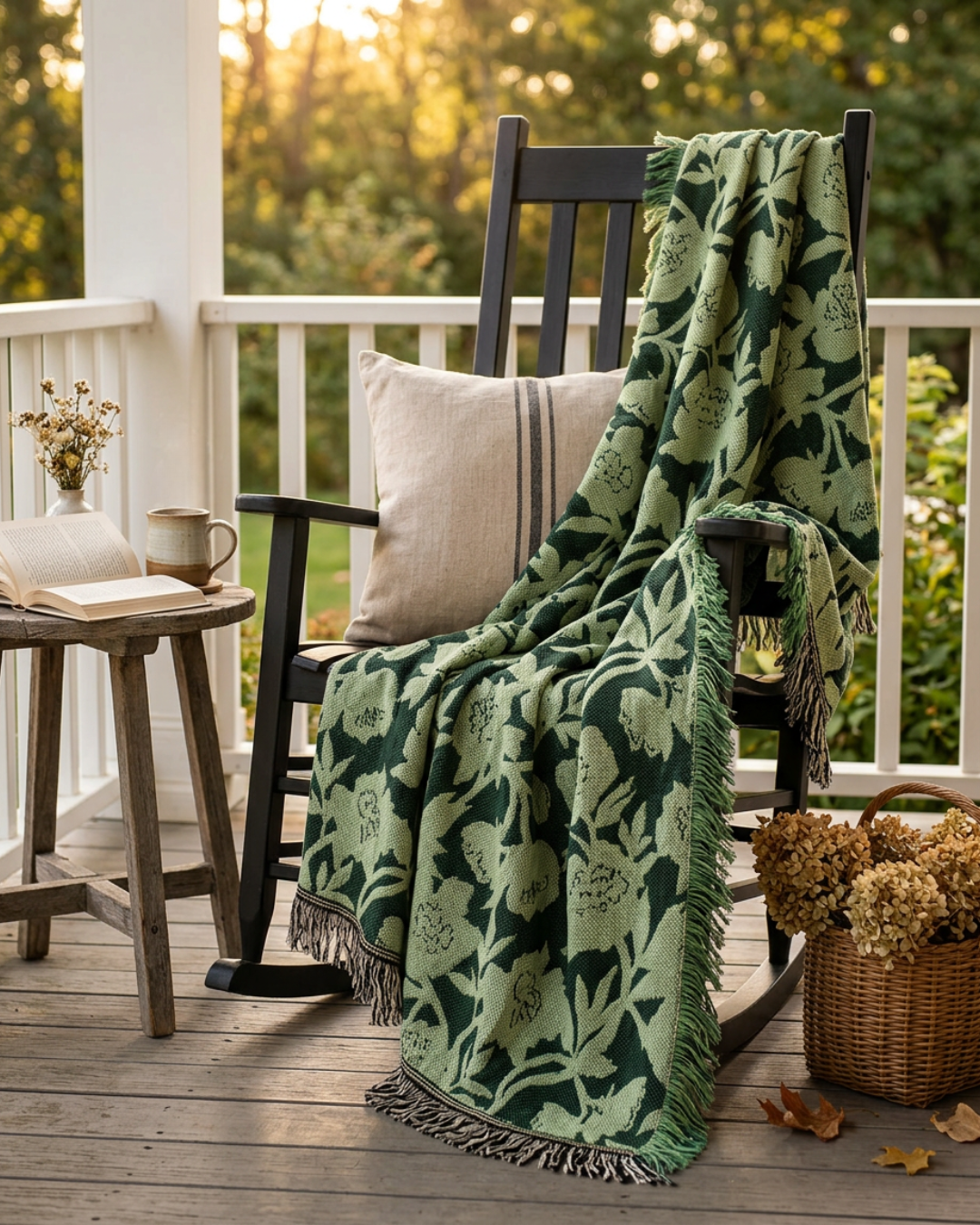 Green Floral Jacquard Woven Throw Blanket, Reversible Cotton Throw, Made in USA | Addy Spruce