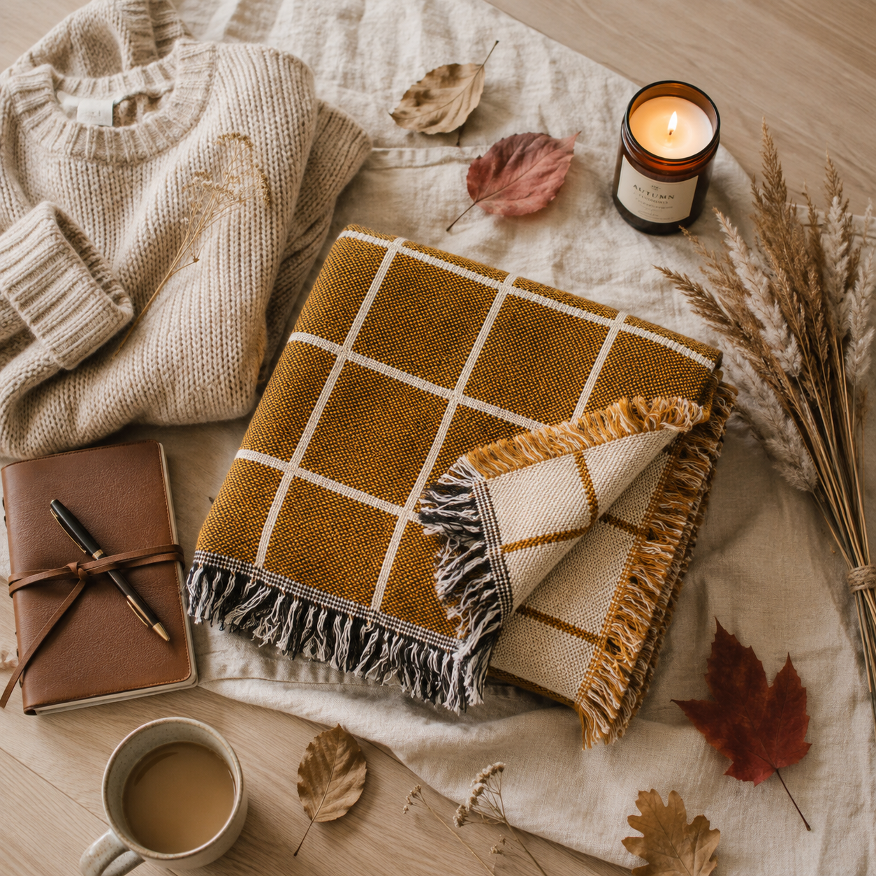 Golden Brown Grid Jacquard Woven Throw Blanket, Reversible Cotton Throw, Made in USA | Greer Acorn