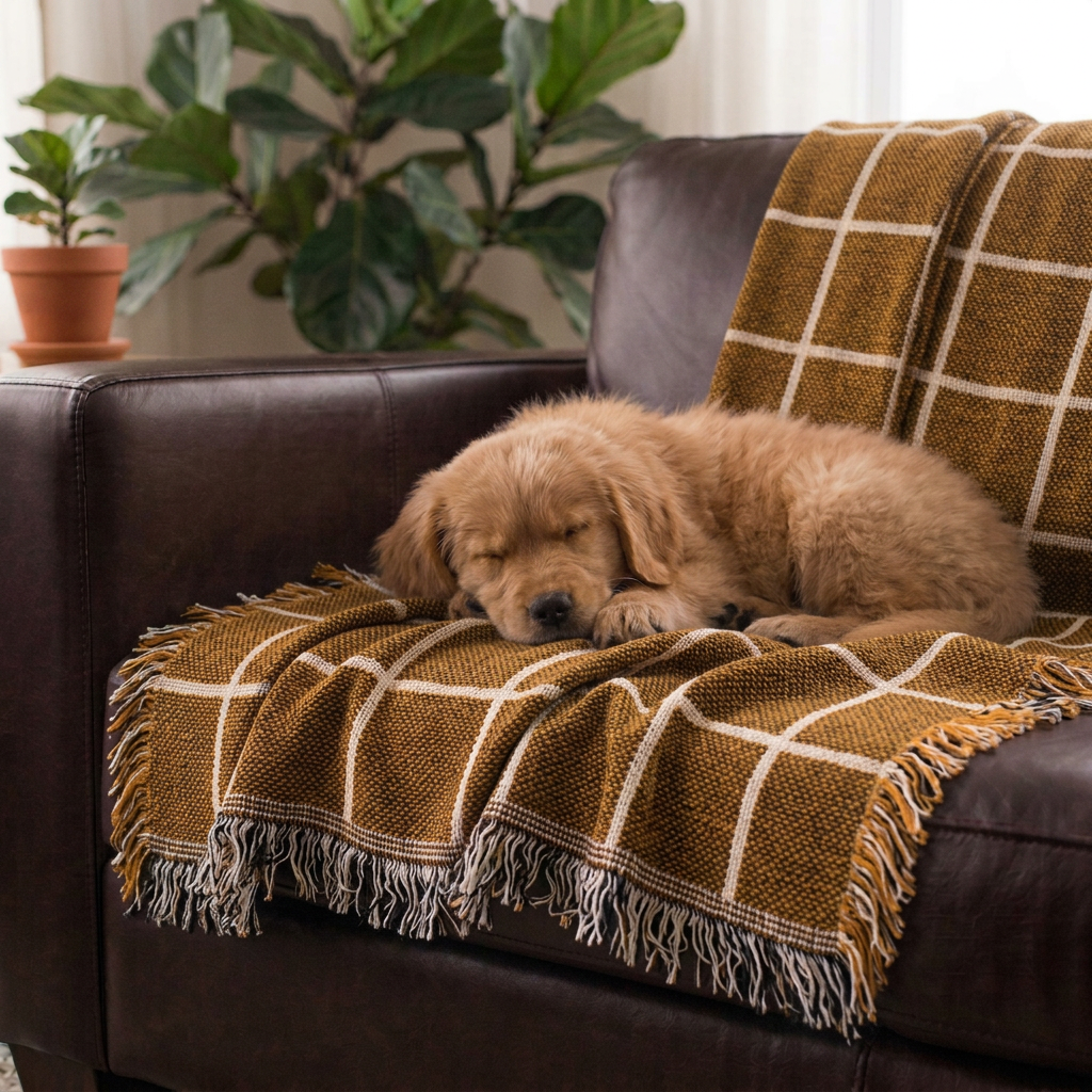 Golden Brown Grid Jacquard Woven Throw Blanket, Reversible Cotton Throw, Made in USA | Greer Acorn