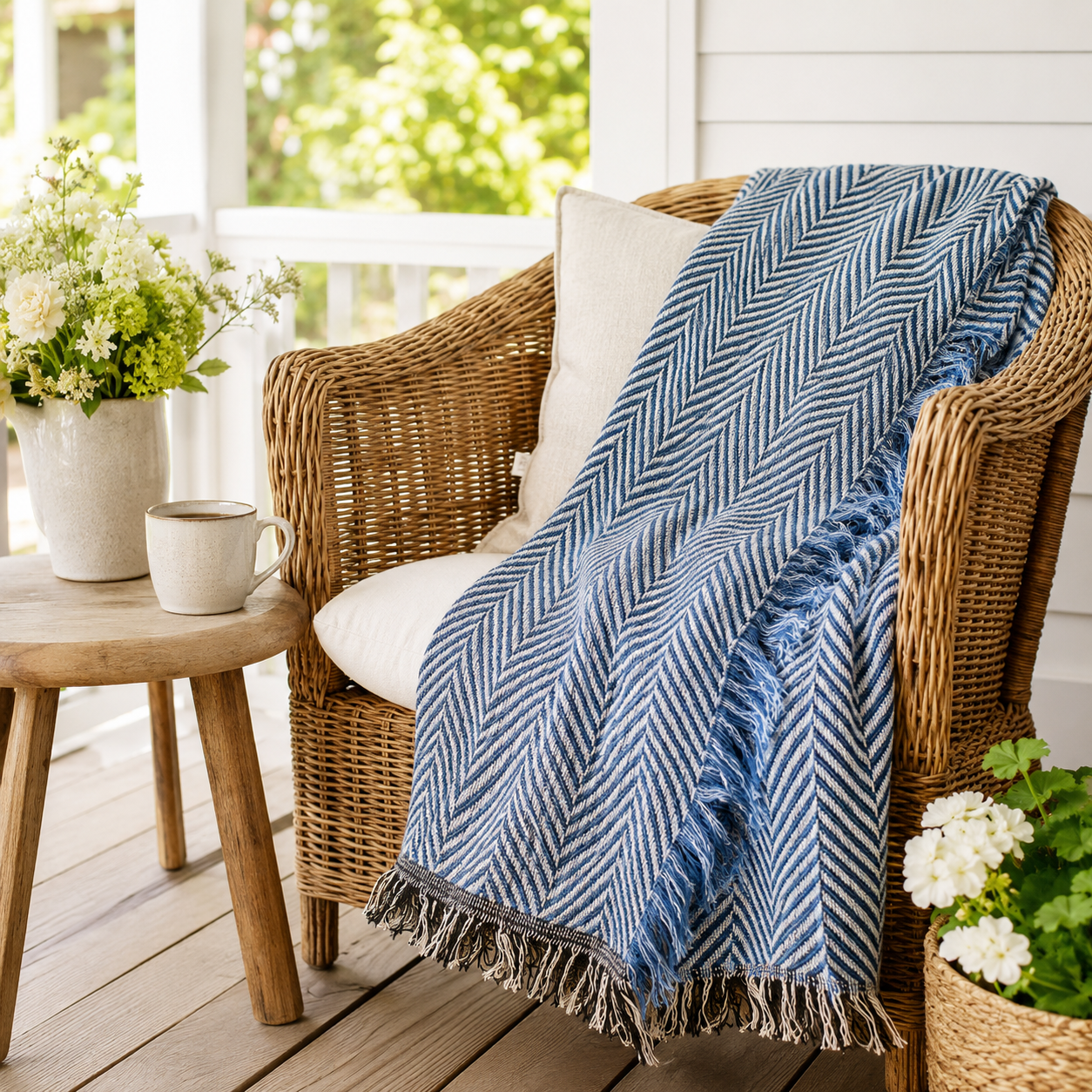 Blue Herringbone Jacquard Woven Throw Blanket, Reversible Cotton Throw, Made in USA | Henry Chambray