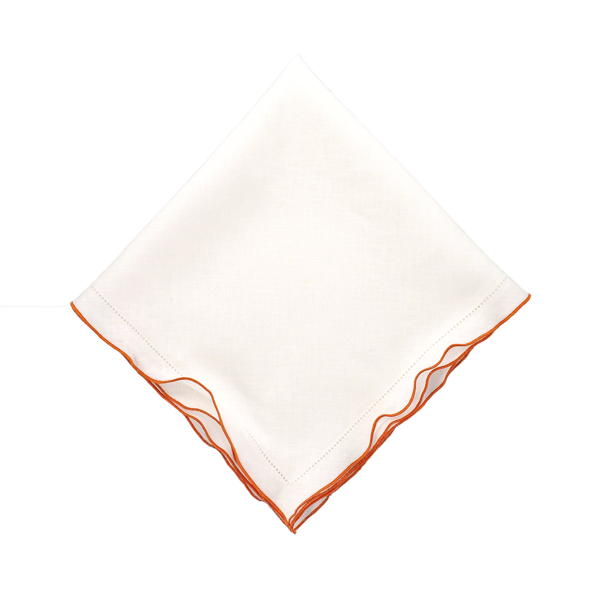 White Linen Napkins With Orange Ruffled Hemstitch Edges, Set of 4