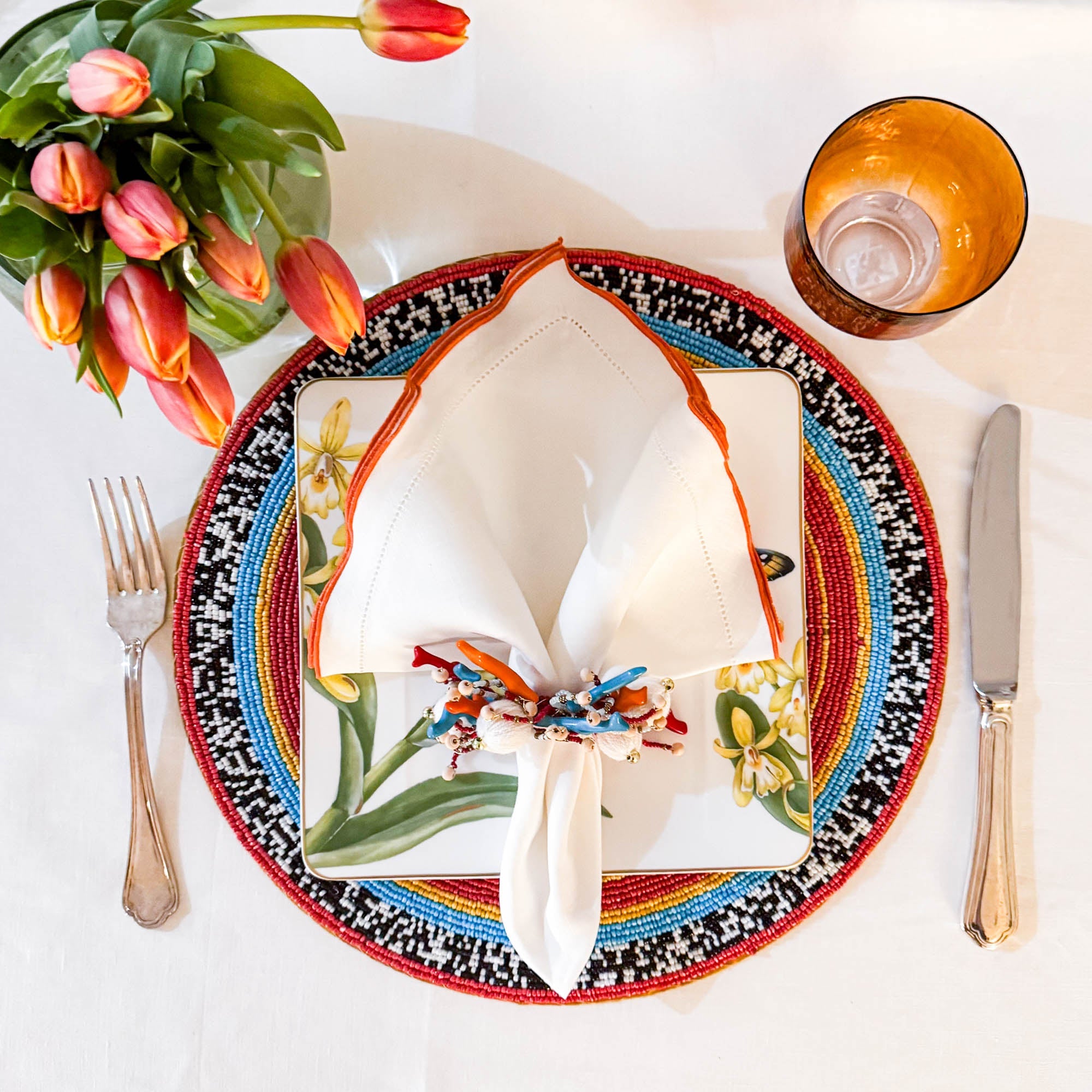White Linen Napkins With Orange Ruffled Hemstitch Edges, Set of 4