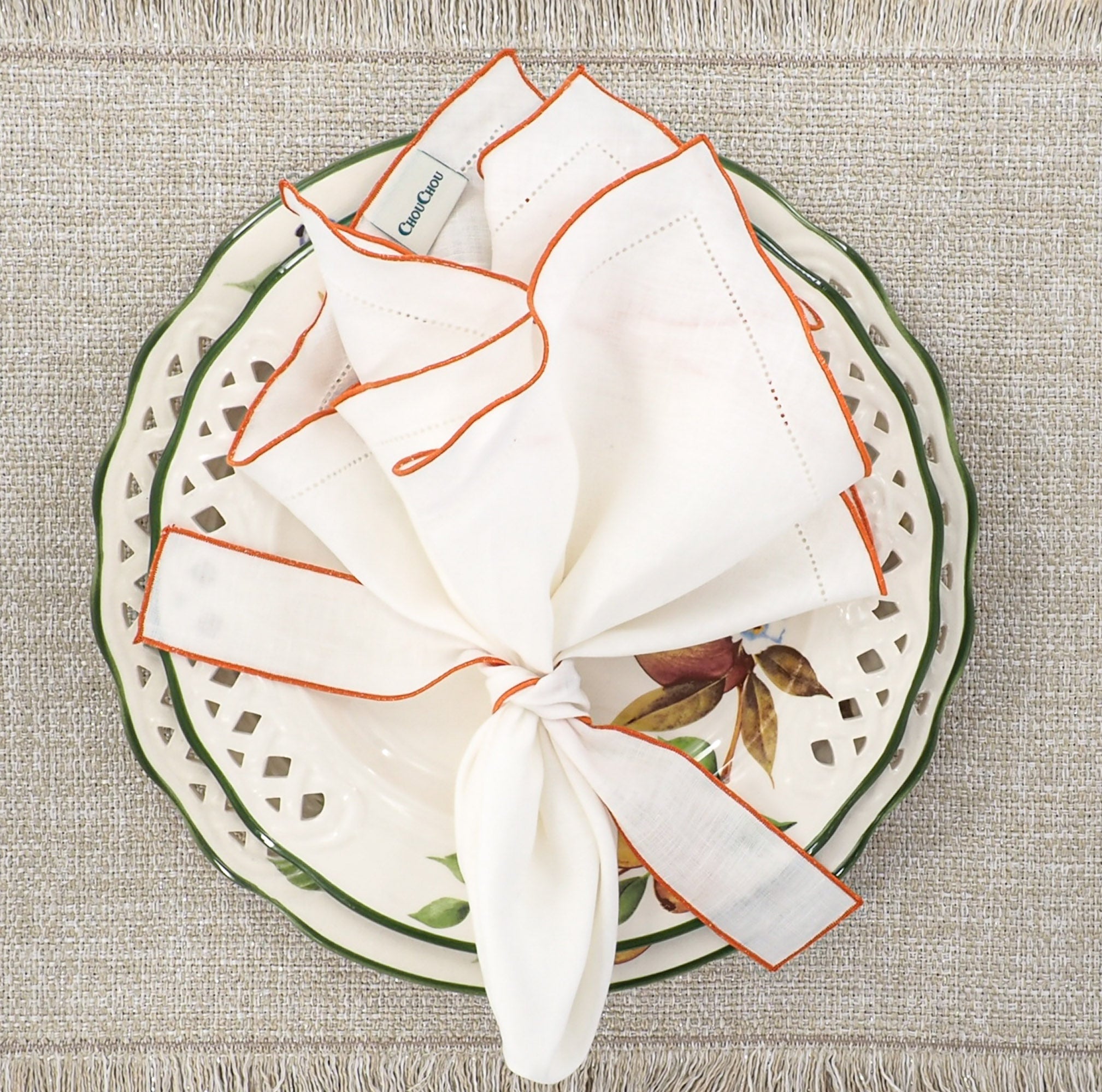 White Linen Napkins With Orange Ruffled Hemstitch Edges, Set of 4