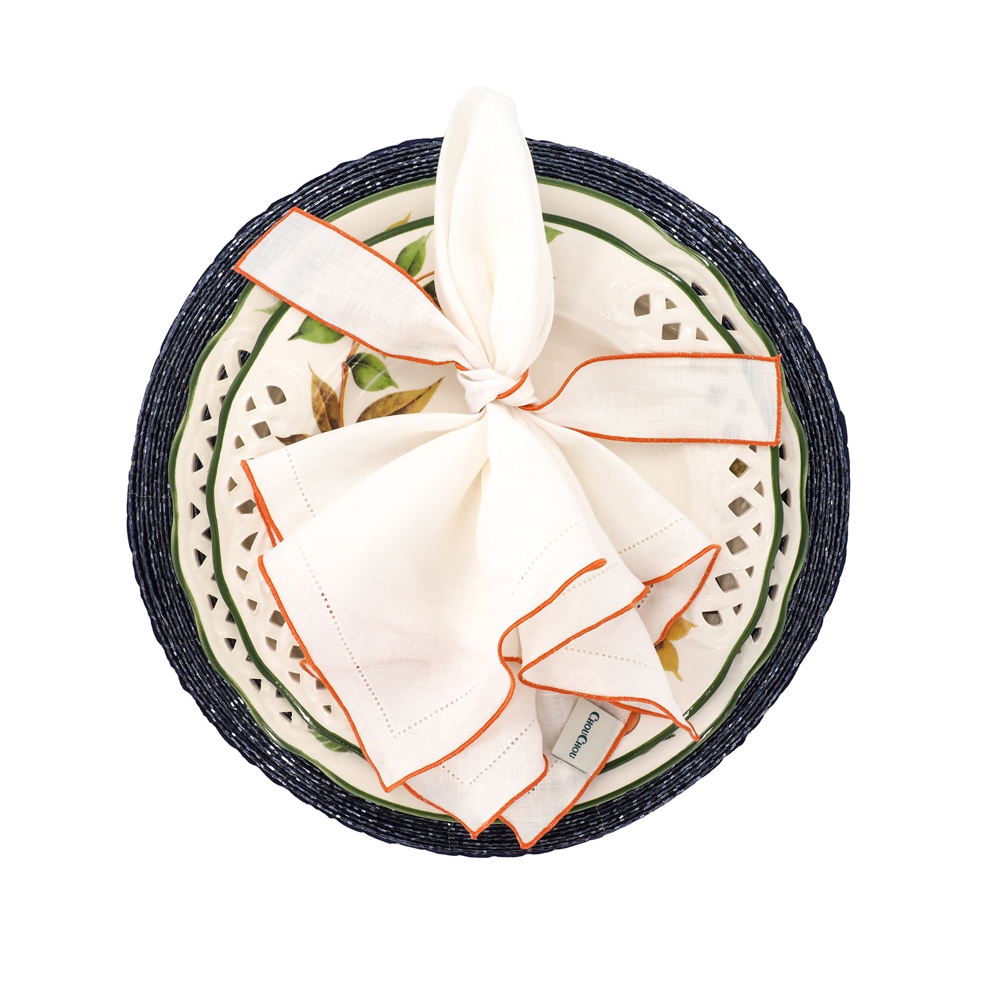 White Linen Napkins With Orange Ruffled Hemstitch Edges, Set of 4