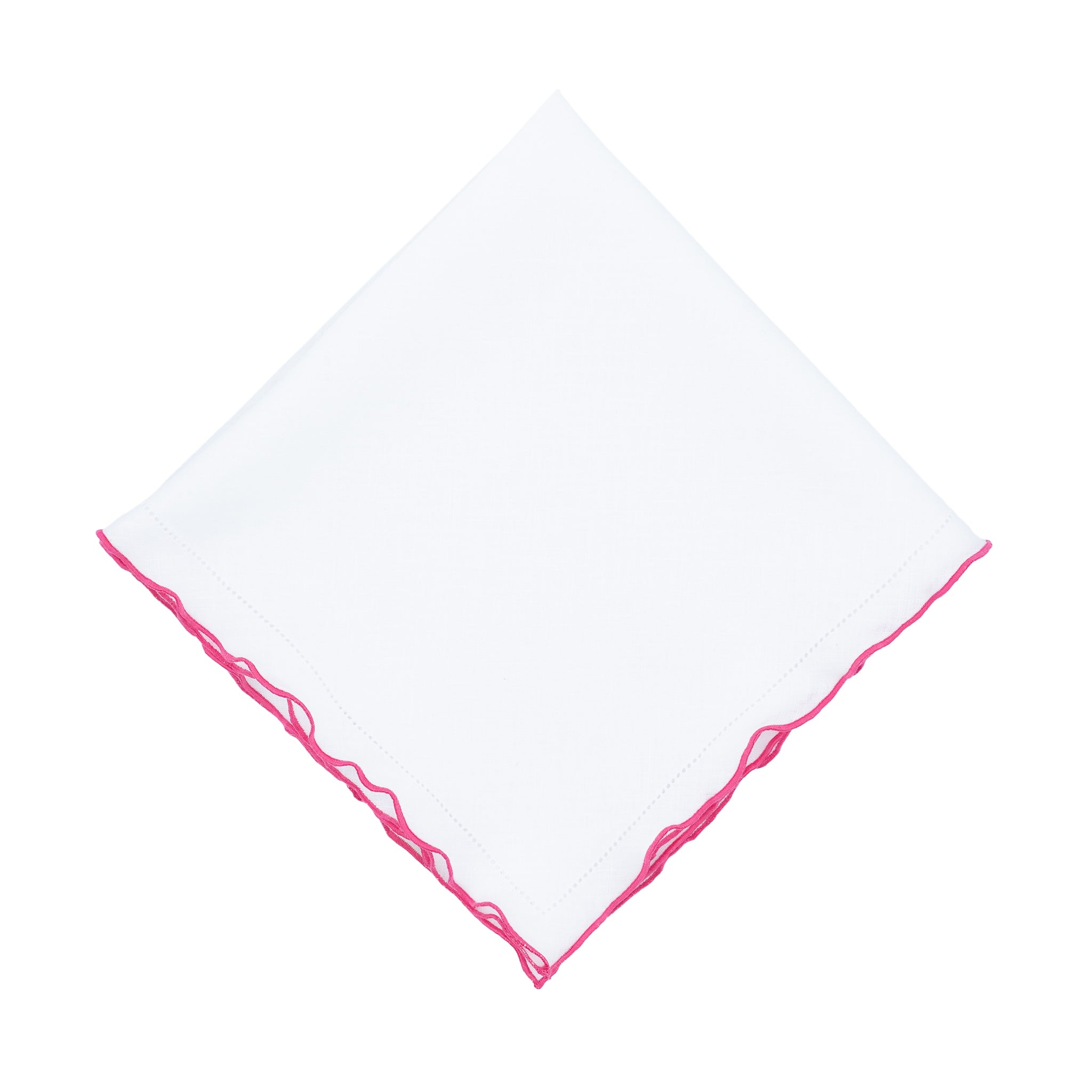 White Linen Napkins With Pink Ruffled Hemstitch Edges, Set of 4