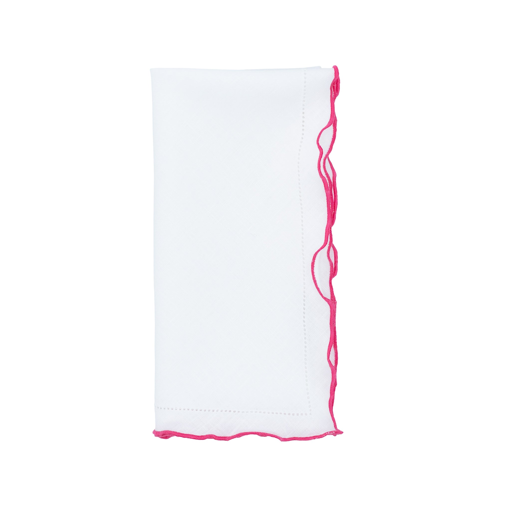 White Linen Napkins With Pink Ruffled Hemstitch Edges, Set of 4