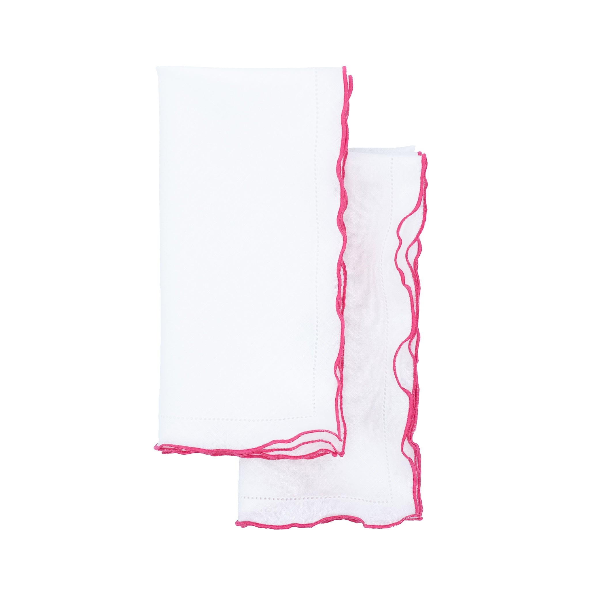 White Linen Napkins With Pink Ruffled Hemstitch Edges, Set of 4