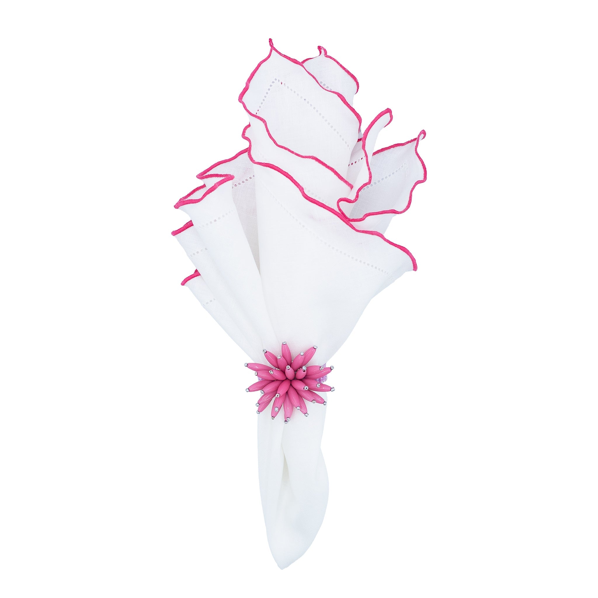 White Linen Napkins With Pink Ruffled Hemstitch Edges, Set of 4