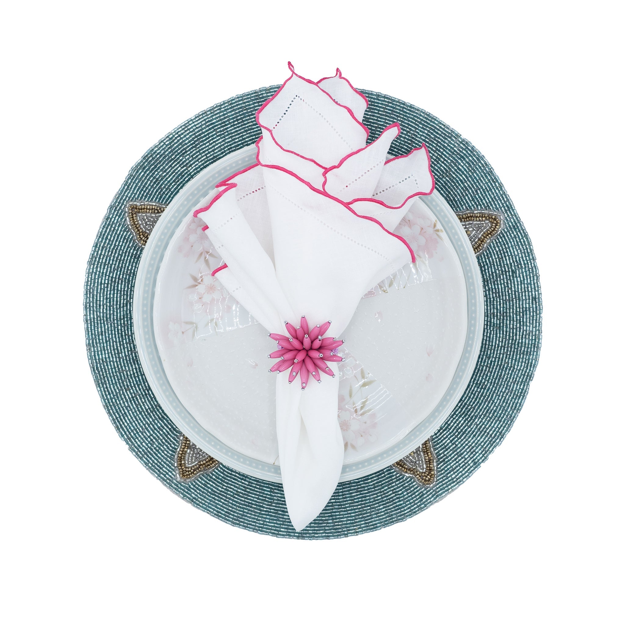 White Linen Napkins With Pink Ruffled Hemstitch Edges, Set of 4