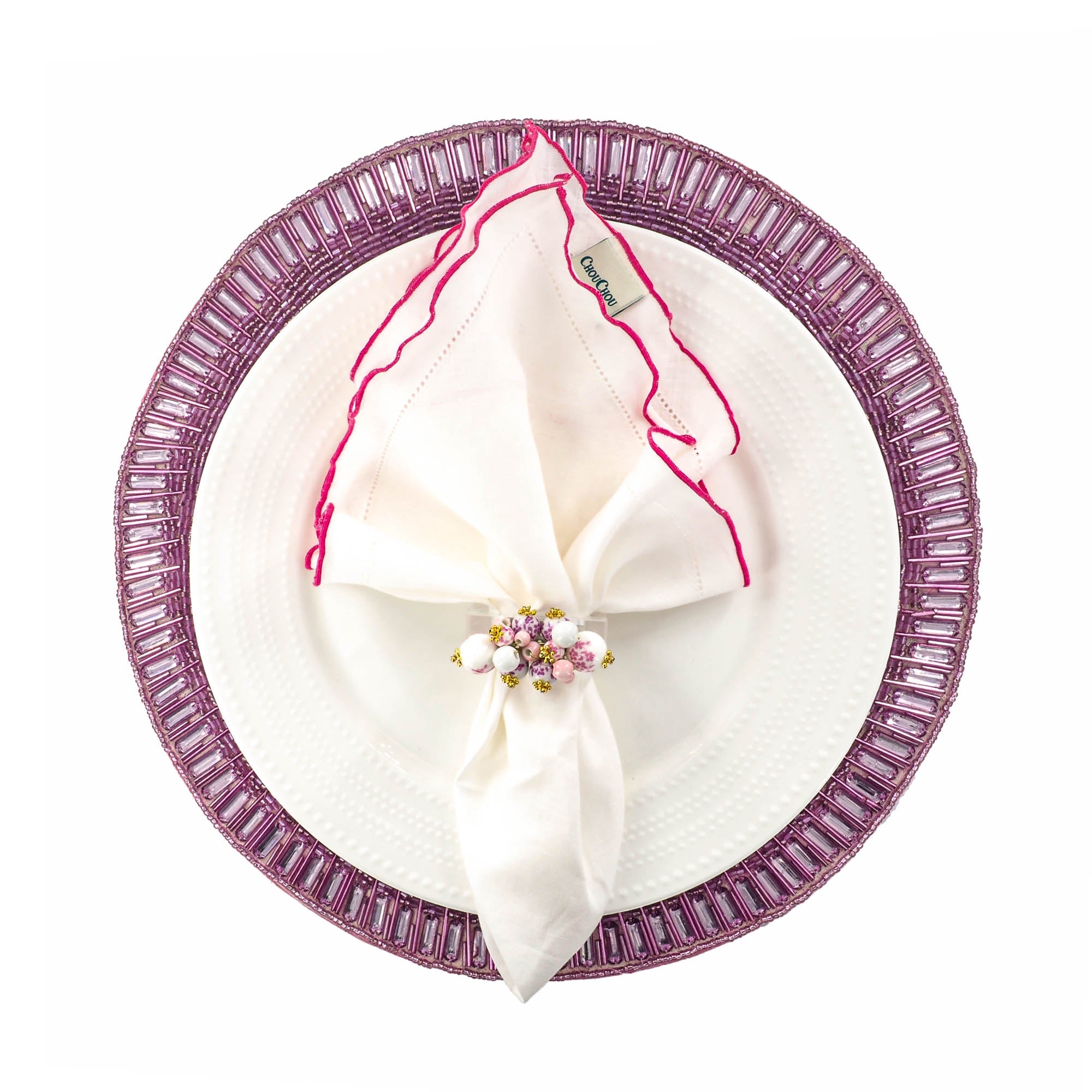 White Linen Napkins With Pink Ruffled Hemstitch Edges, Set of 4