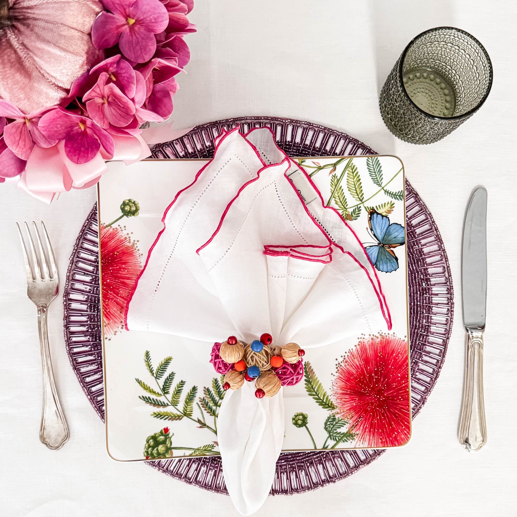 White Linen Napkins With Pink Ruffled Hemstitch Edges, Set of 4