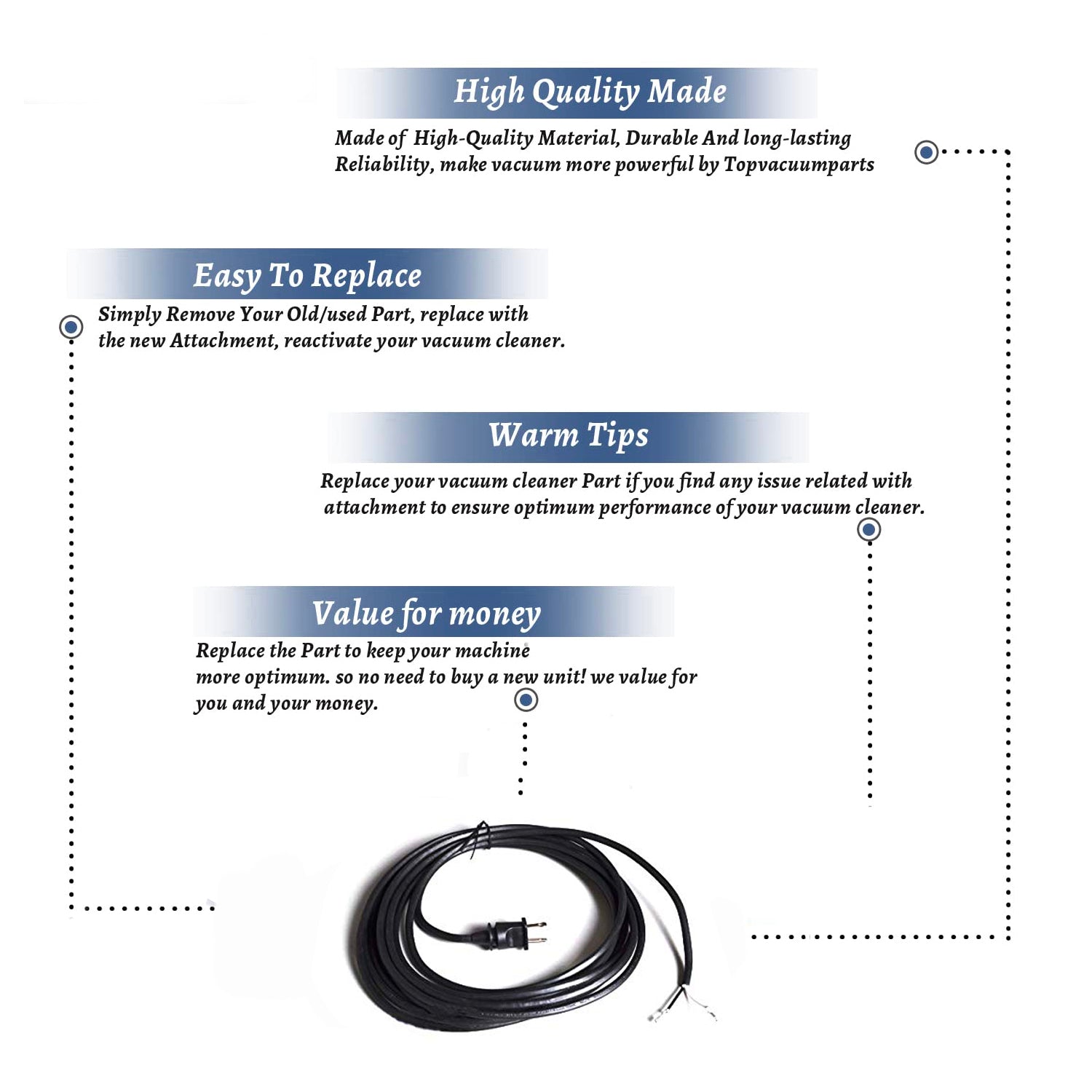 Topvacuumparts Replacement Part For Miele Vacuuum Cleaner 20' Black Polarized 2-Wire Cord # compare to part M56