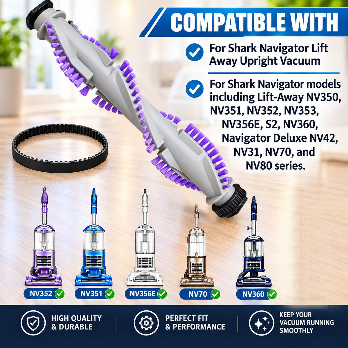 Topvacuumparts Brush Roller Kit for Shark Navigator Lift Away Vacuum  NV350 NV355 NV356 NV360 UV440 Replacement Part,1 Roller Brush+1 Belts+2 Wheels
