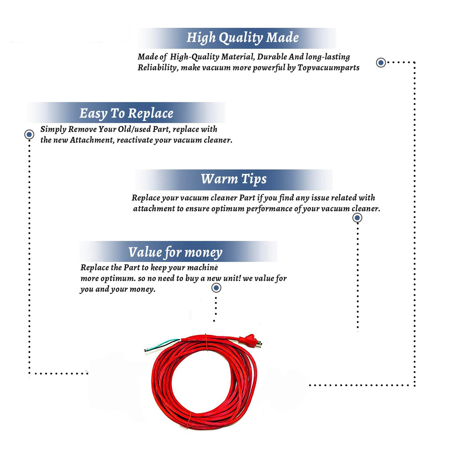 Topvacuumparts Replacement Part For Oreck Vacuum Cleaner 35' Red 3-Wire 18 Gauge Handle Mount Cord # compare to part OR-3035