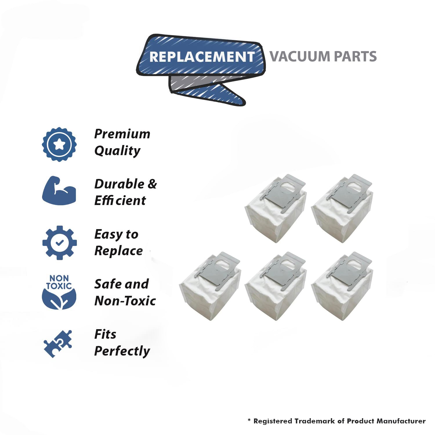 Topvacuumparts 5 Vacuum Bags Replacement for iRobot Roomba E5 E6i1Plus, i1, i3, i4, i6,  s9+ Essential Series Clean # compare to parts PMIB01