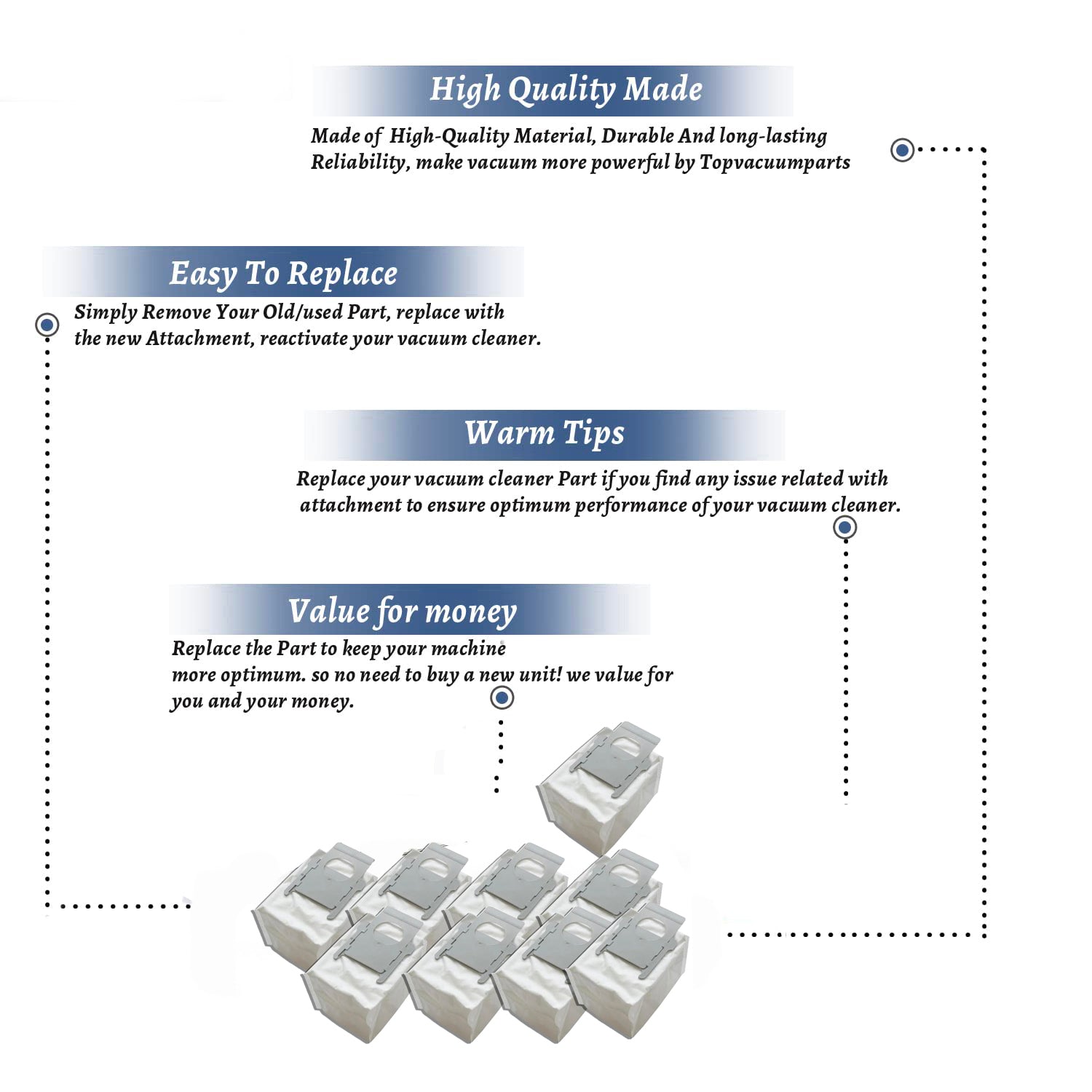 Topvacuumparts 9 Vacuum Bags, Effective Dust Filtration,Compatible For iRobot Roomba i& s & j Series, for i3+, i4 # compare to parts PMIB01