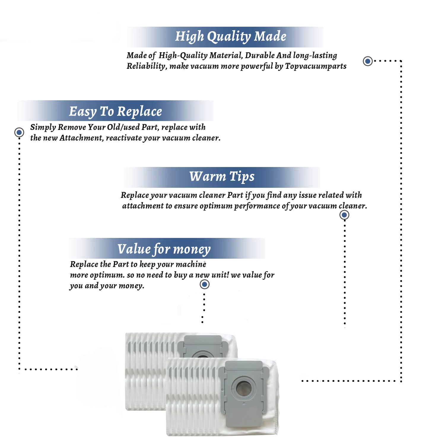 Topvacuumparts 20 Pack Vacuum Bags for iRobot Roomba i7 i7+ i8 i8 Clean Base Automatic Dirt Disposal Bags # compare to parts PMIB01