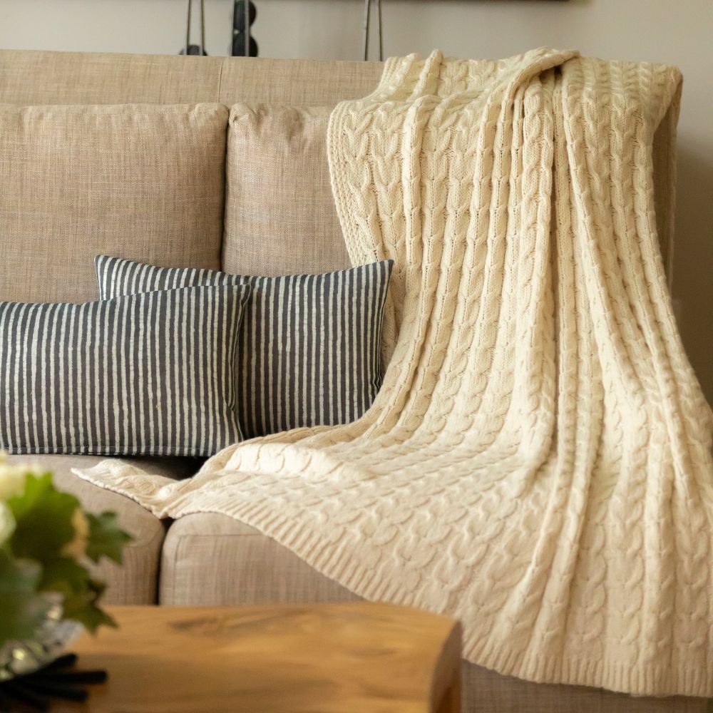 Handloomed Peruvian Pima Cotton & Undyed Baby Alpaca Ivory Cable Throw Blanket - Muru Collection