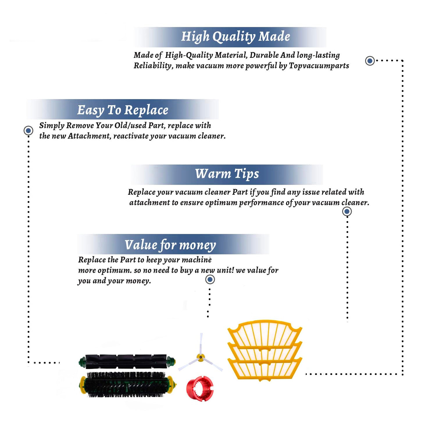 Topvacuumparts Accessories Filters Brushes, Compatible For Irobot 500 Series 555 and Other Models Cleaning # compare to parts ROMBA 500 SERIES KIT