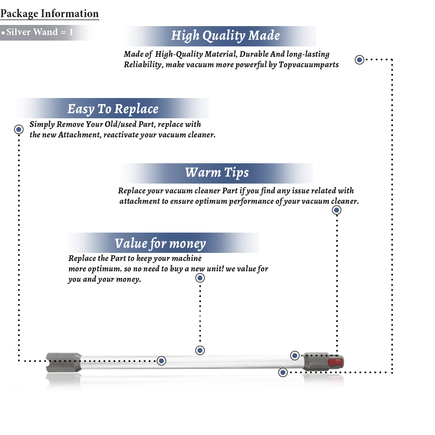 Topvacuumparts Quick Release Wand Compatible for Dyson V7, V8, V10, V11 Stick Vacuum Cleaners, Vacuums Attachment Extension Tube # part TAP-08-D-S