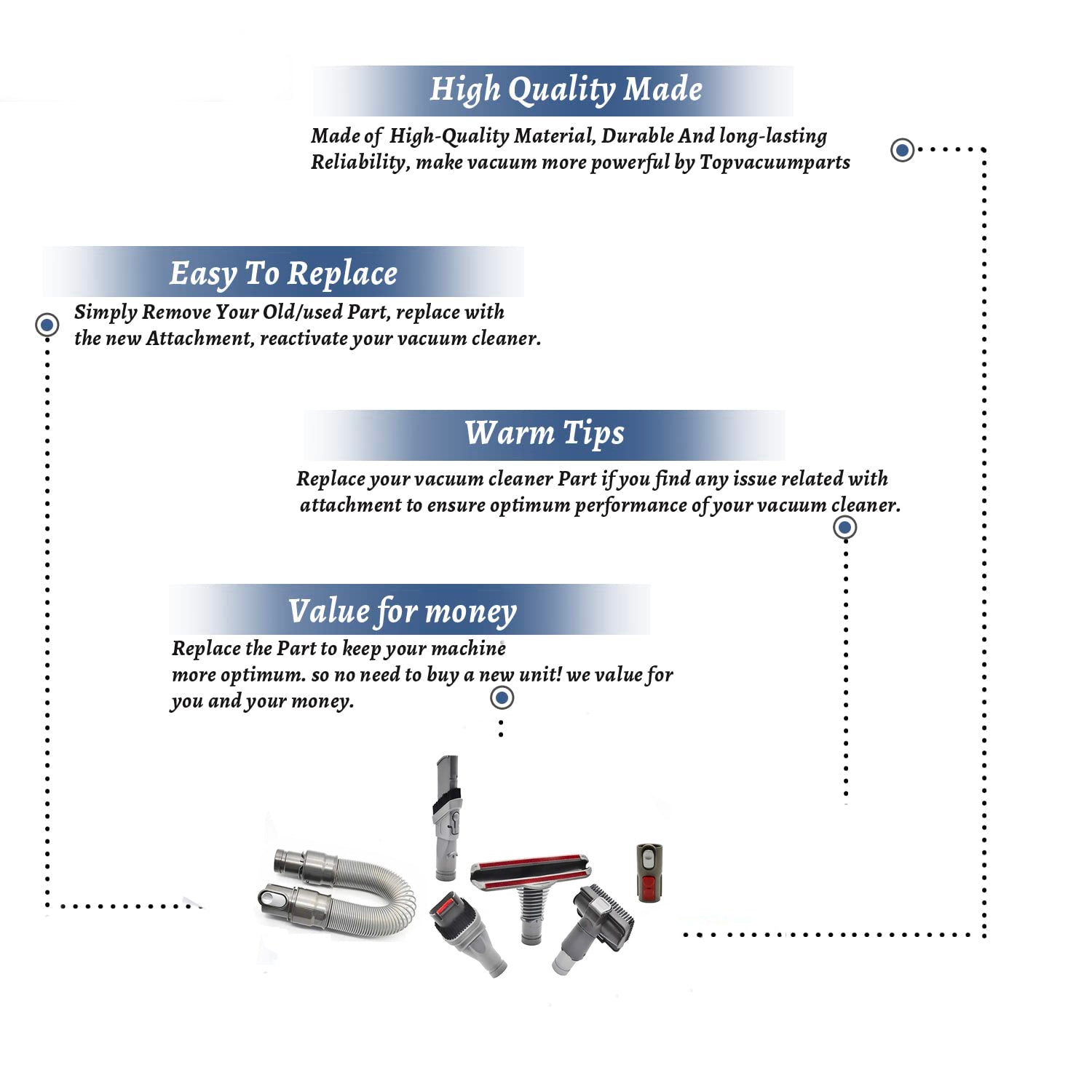 Topvacuumparts Flexible Extension Hose & Vacuum Attachments Replacement for Dyson Vacuum Cleaner V6, V7, V8, V10, V11, DC25,# compare to part TS-251