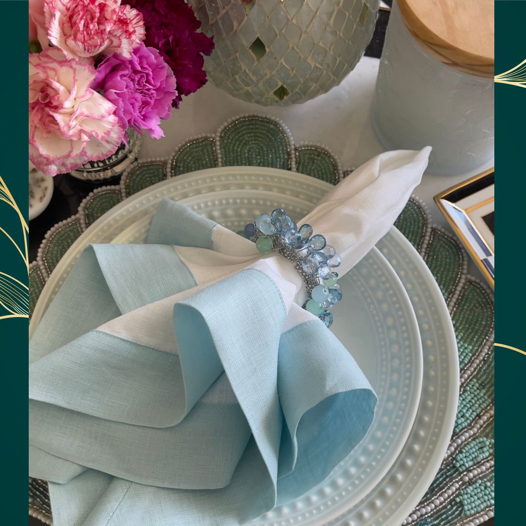 Mint Linen Napkins with Green Double Sided Borders, Set of 4