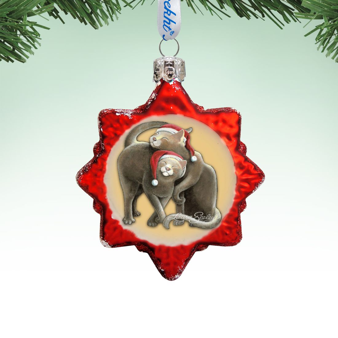 Christmas Cuddling Kitties Mercury Glass Ornament by Laura Seeley - Pets Dog and Cats Decor - 779213-2068