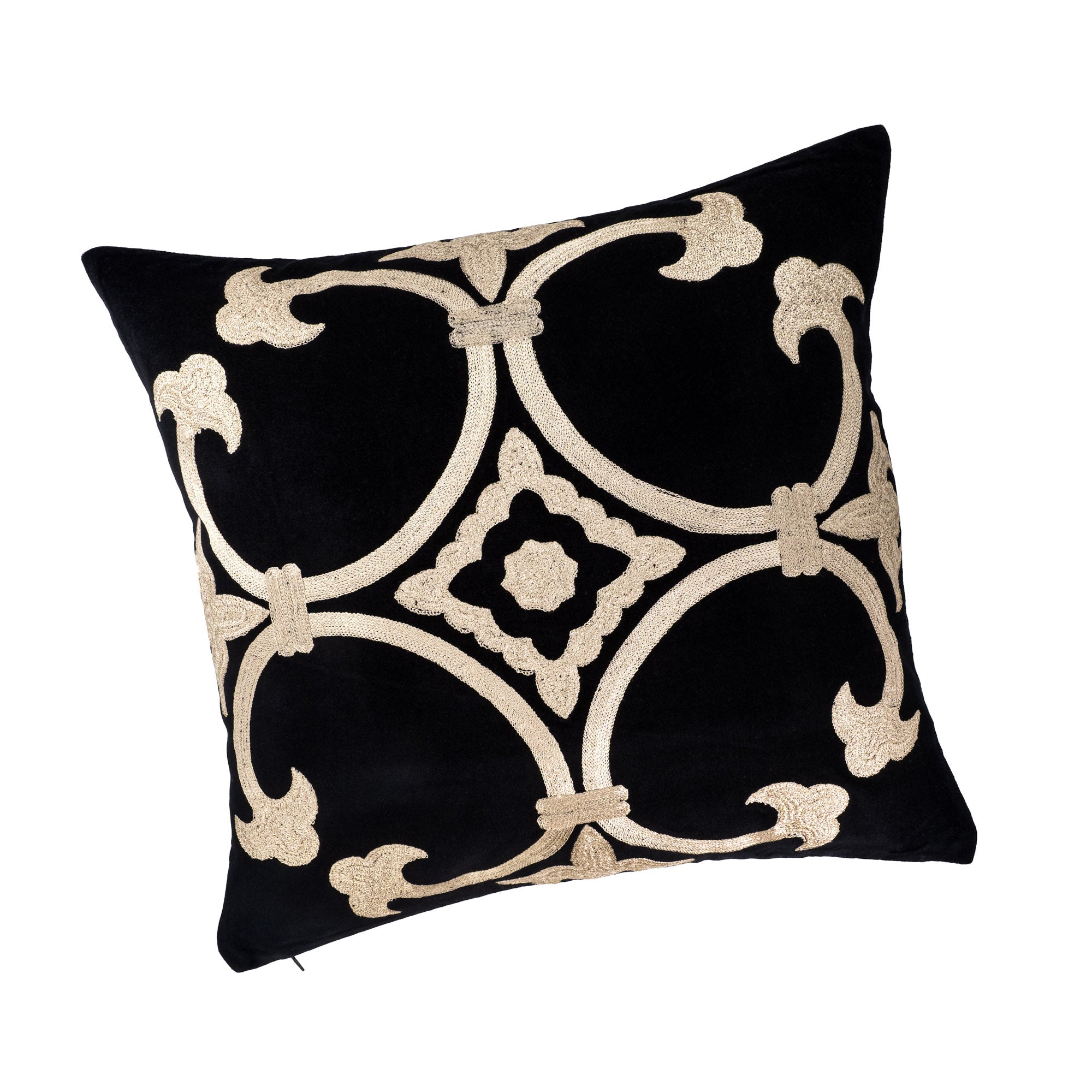 Black Velvet Throw Pillow with Gold Embroidery, 20 x 20